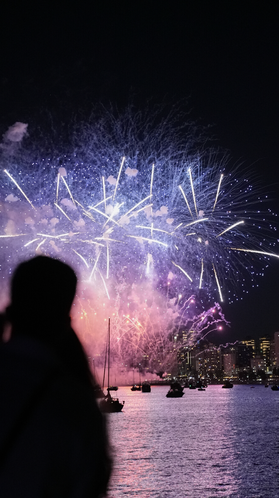 Purple fireworks reflecting on the water with a silhouette in the foreground