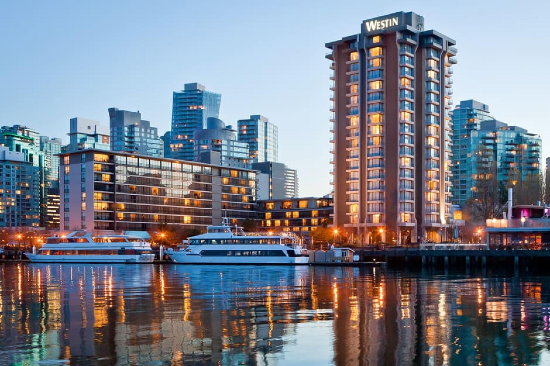 Westin Bayshore and Coal Harbour marina at dusk