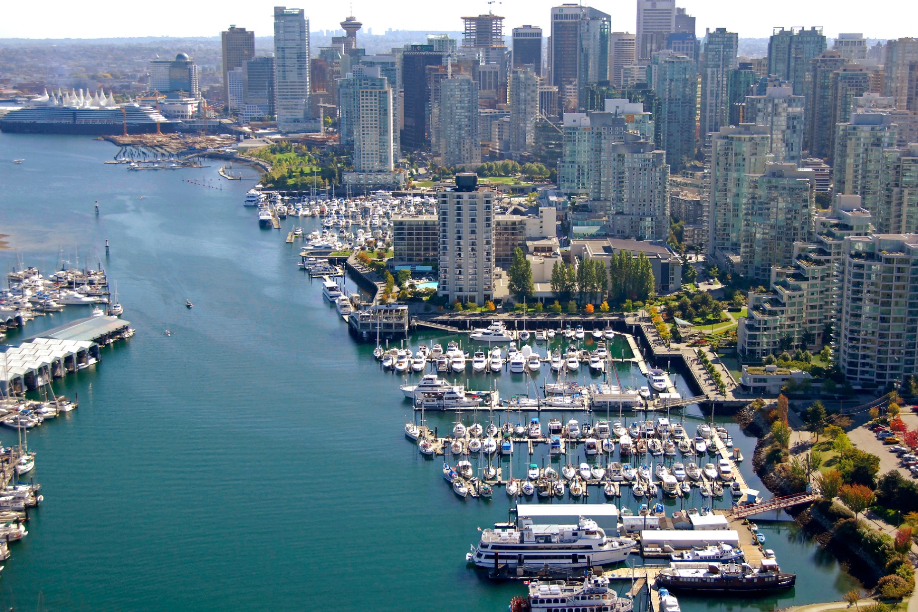 Aerial view of Coal Harbour marina with Vancouver downtown skyline