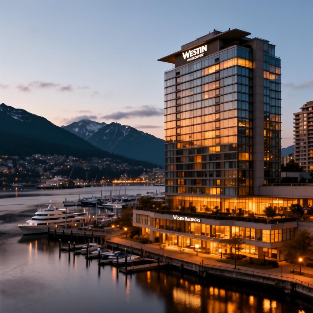The Westin Bayshore Vancouver waterfront hotel at dusk